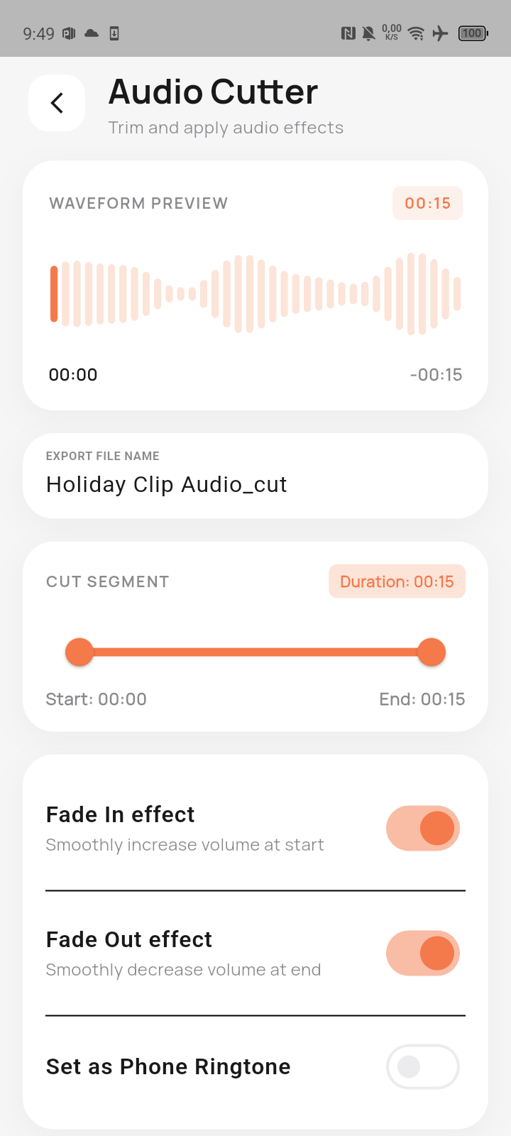 Màn hình Audio Cutter với waveform và hiệu ứng fade