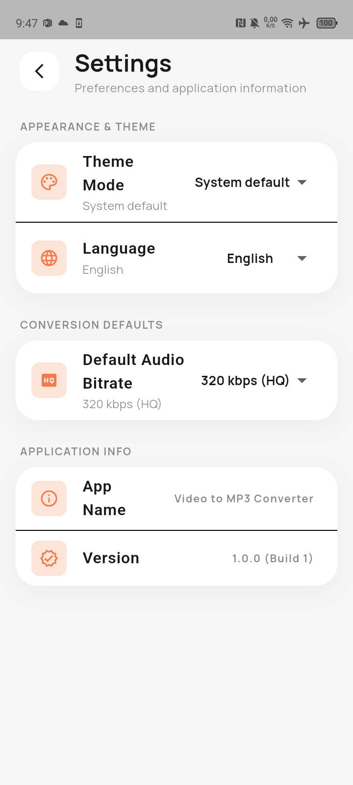 Màn hình cài đặt: giao diện, ngôn ngữ, bitrate mặc định